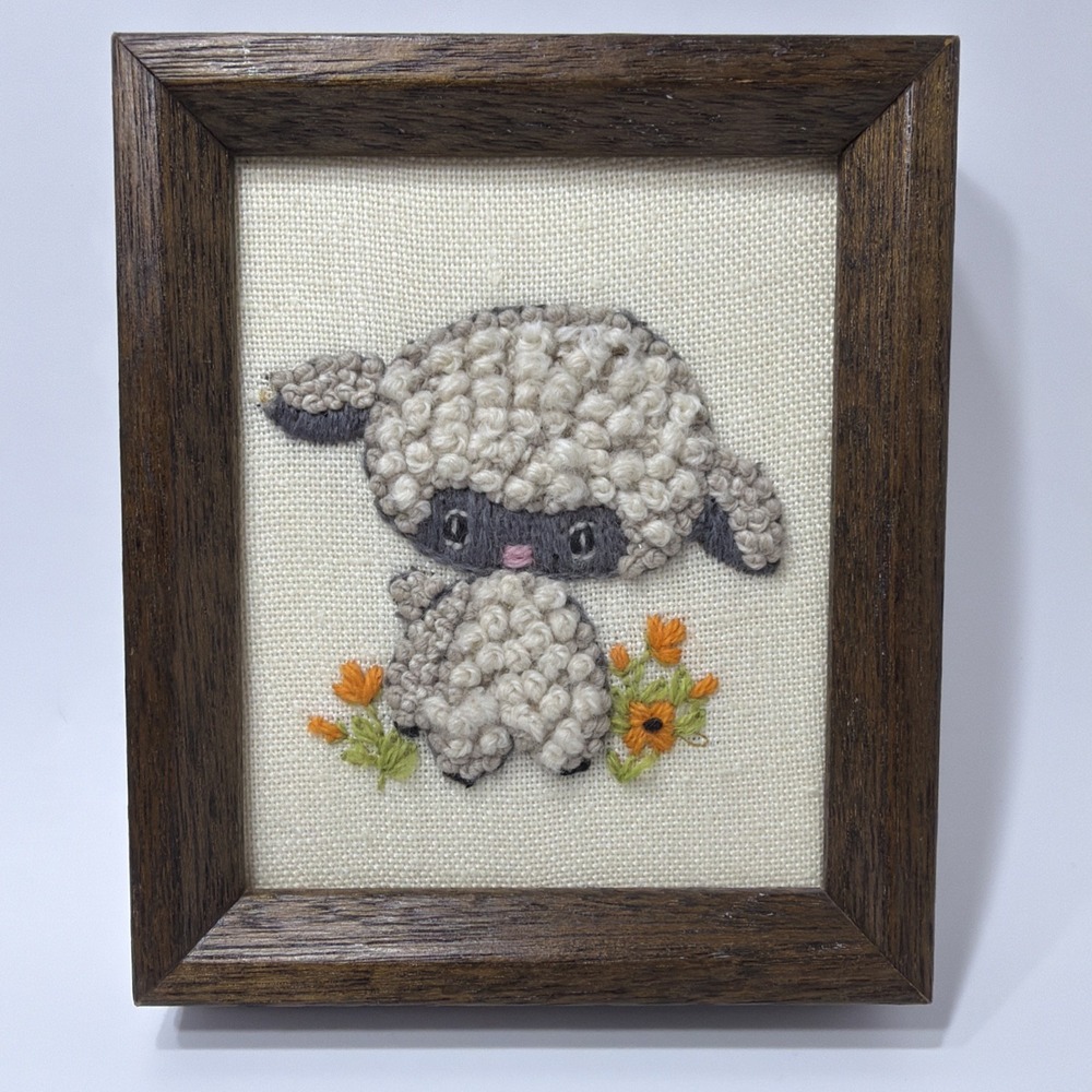Vintage Handmade Needlepoint Sheep Framed Wall Decor Art 5x6 Crewel Embroidery